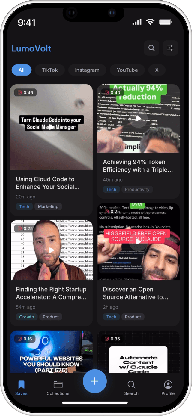 LumoVolt home feed showing all your saved content